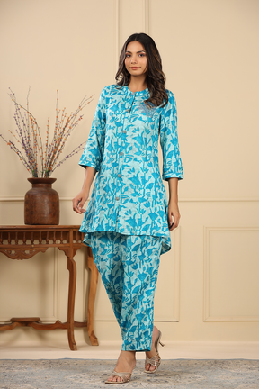 Turquoise Colour Printed Muslin Co-Ord Set