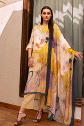 Mustard Color Printed Crepe Silk Unstitched Suit Material