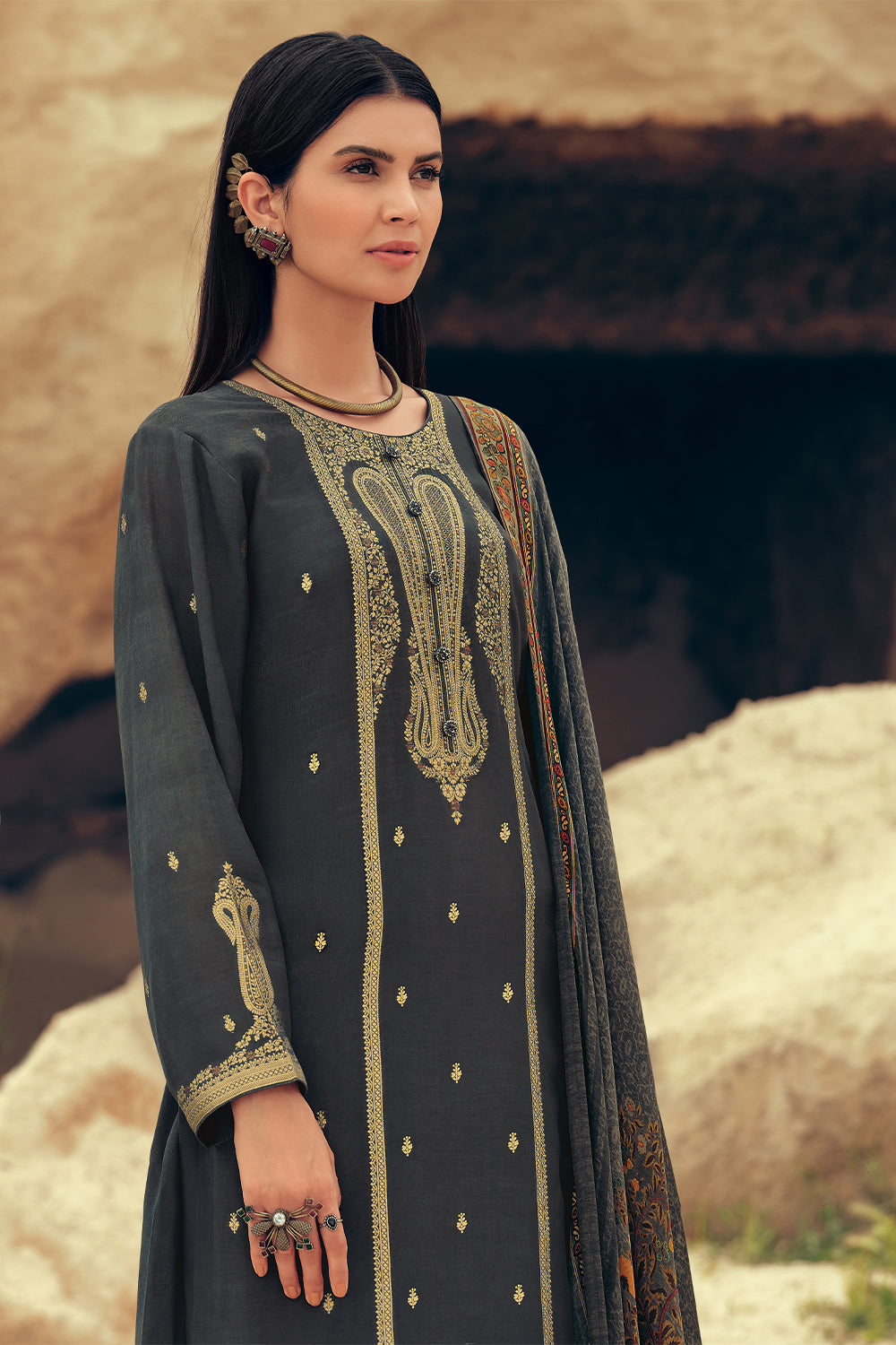 Grey Colour Silk Woven Unstitched Suit Material