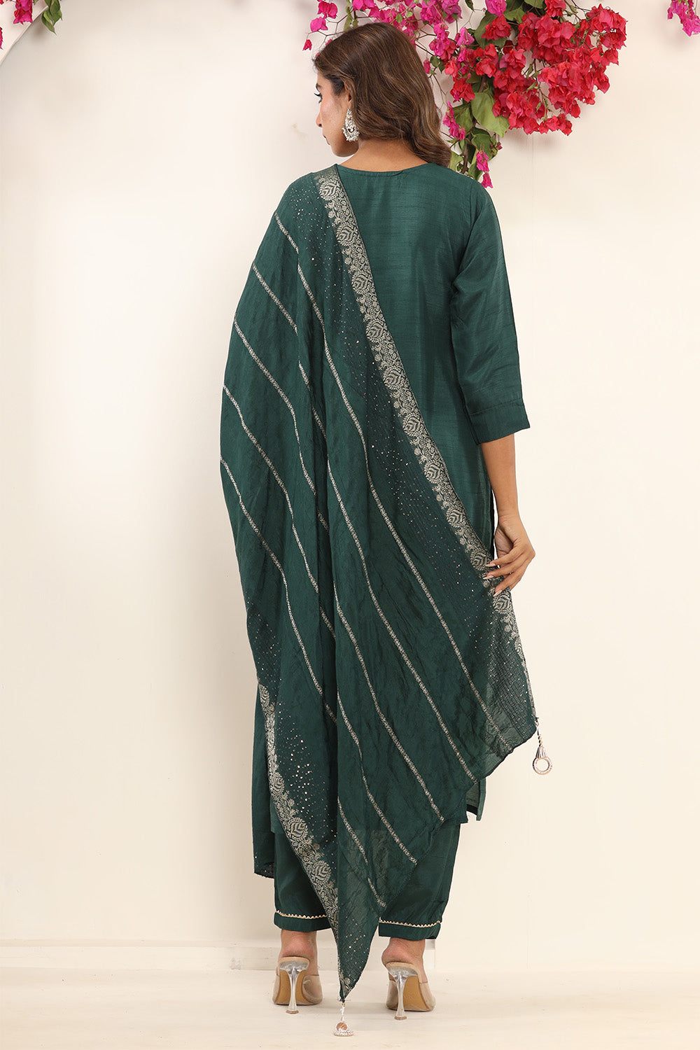 Bottle Green Color Silk Neck Embroidered Straight Suit