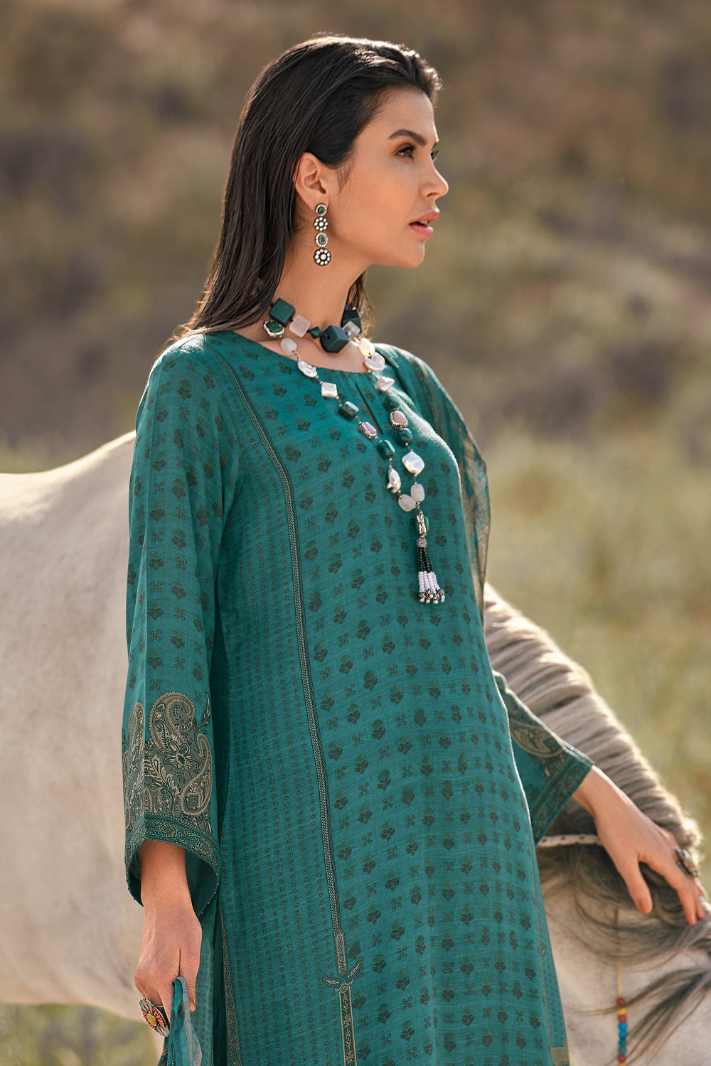 Teal Color Printed Muslin Unstitched Suit Material