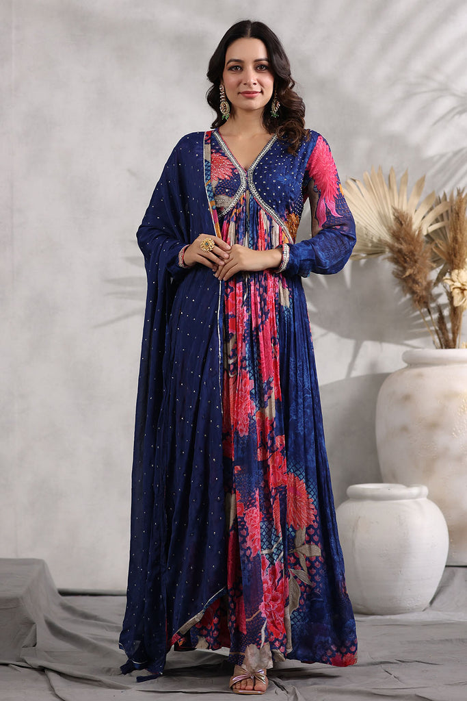 Navy Blue Color Crepe Alia-Cut Printed Anarkali Suit