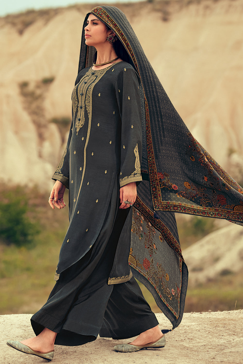 Grey Colour Silk Woven Unstitched Suit Material
