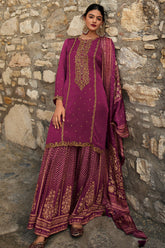 Dark Scarlet Color Silk Zari Embroidered Unstitched Suit Material