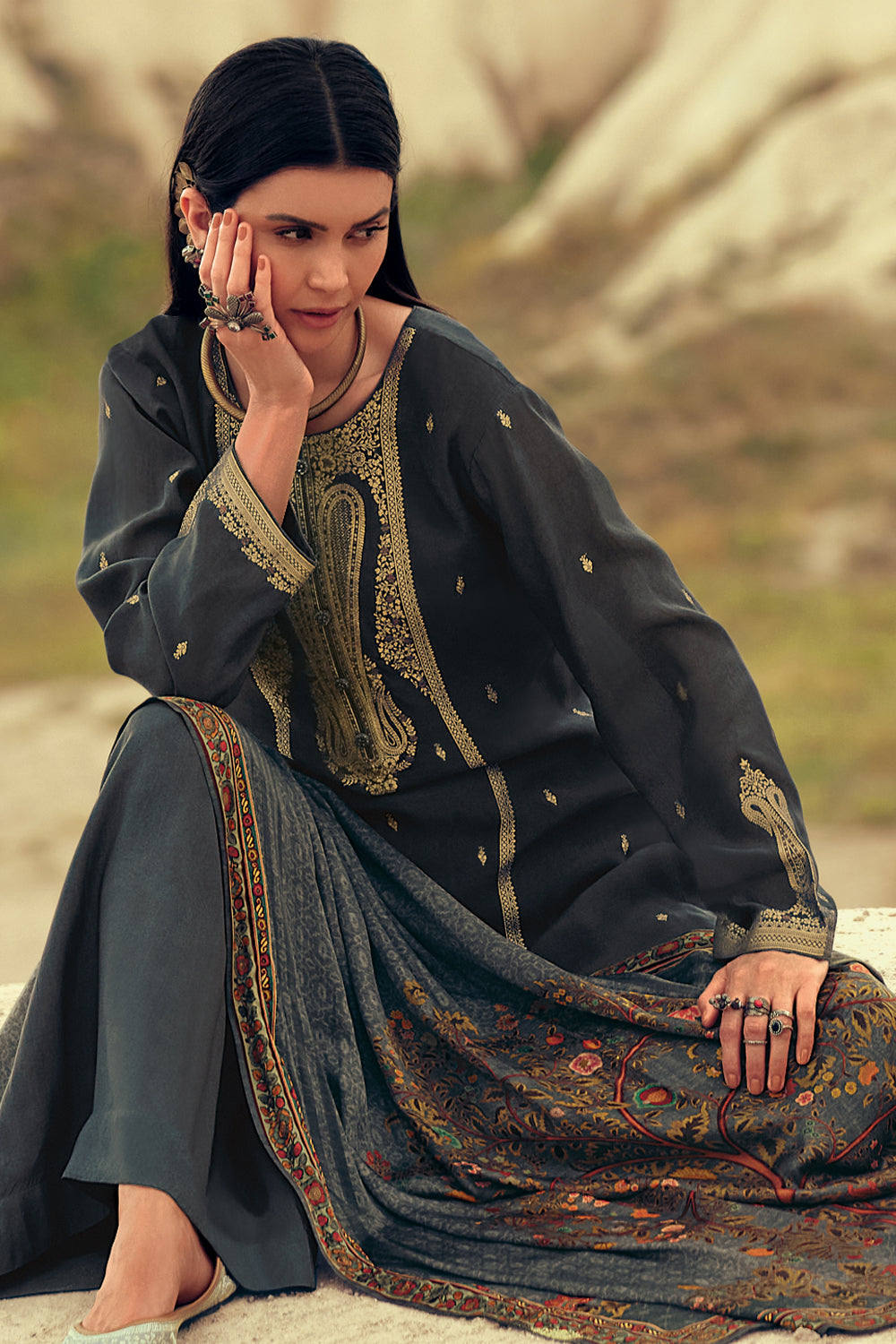 Grey Colour Silk Woven Unstitched Suit Material