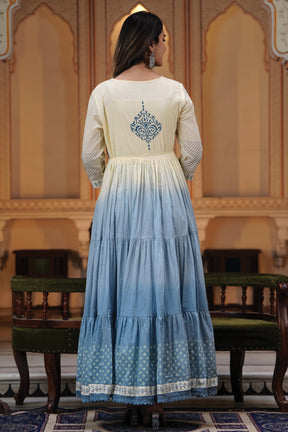 Cream & Blue Color Cotton Printed Anarkali Kurta