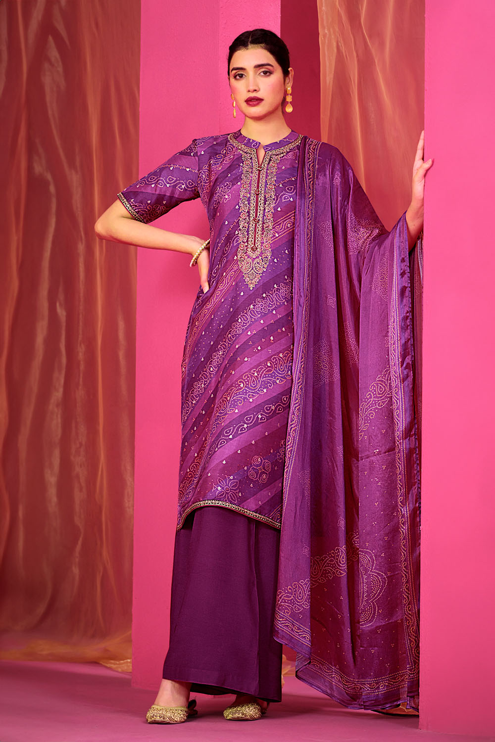 Purple Coluor Silk Embroidered Unstitched Suit Fabric