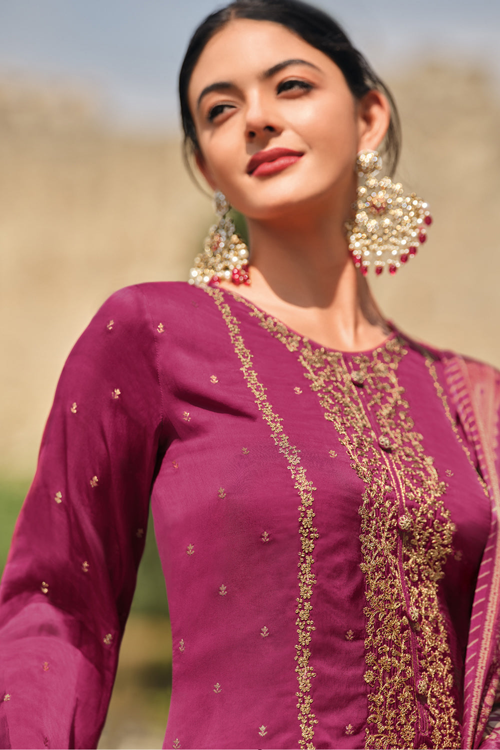 Dark Scarlet Color Silk Zari Embroidered Unstitched Suit Material