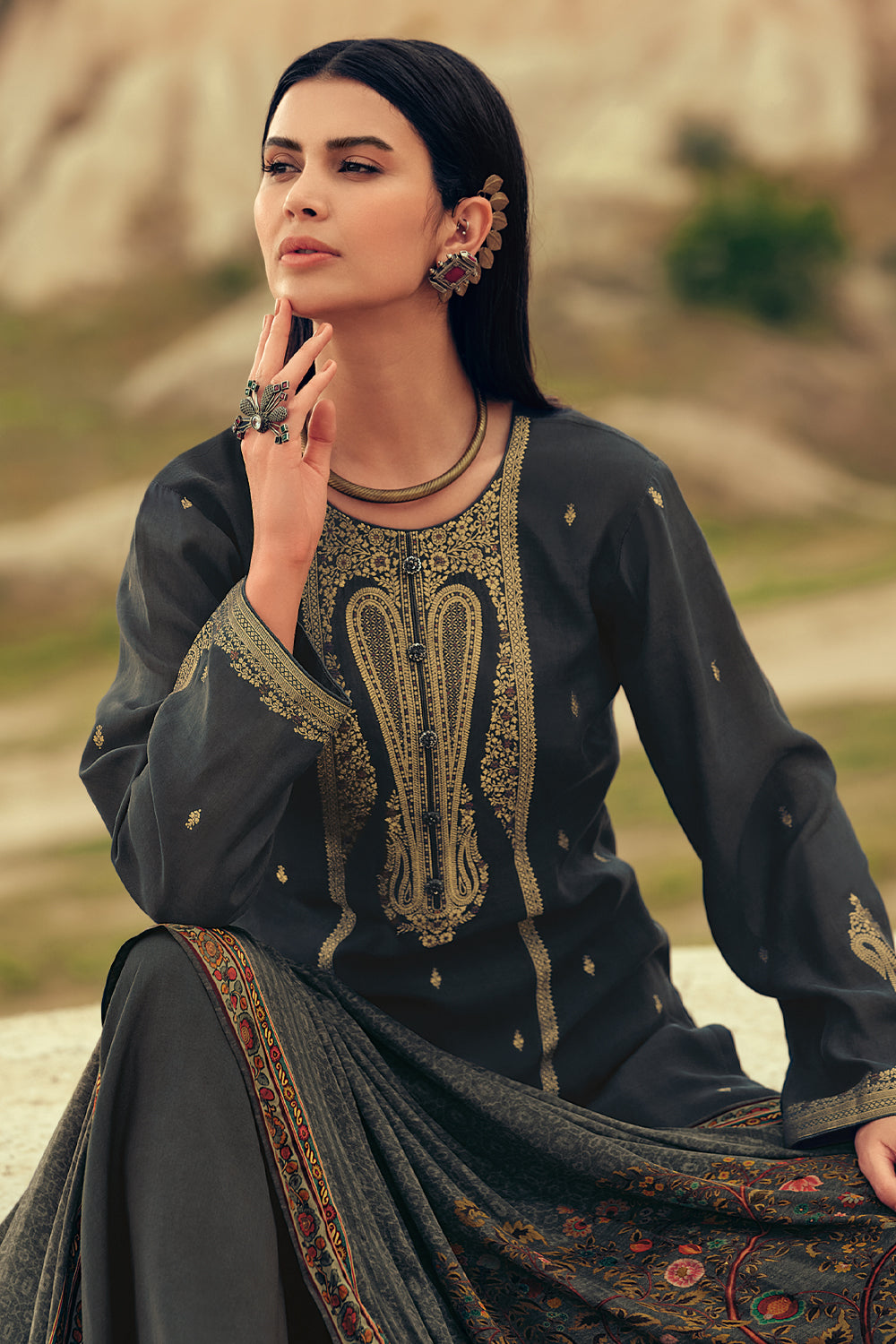 Grey Colour Silk Woven Unstitched Suit Material