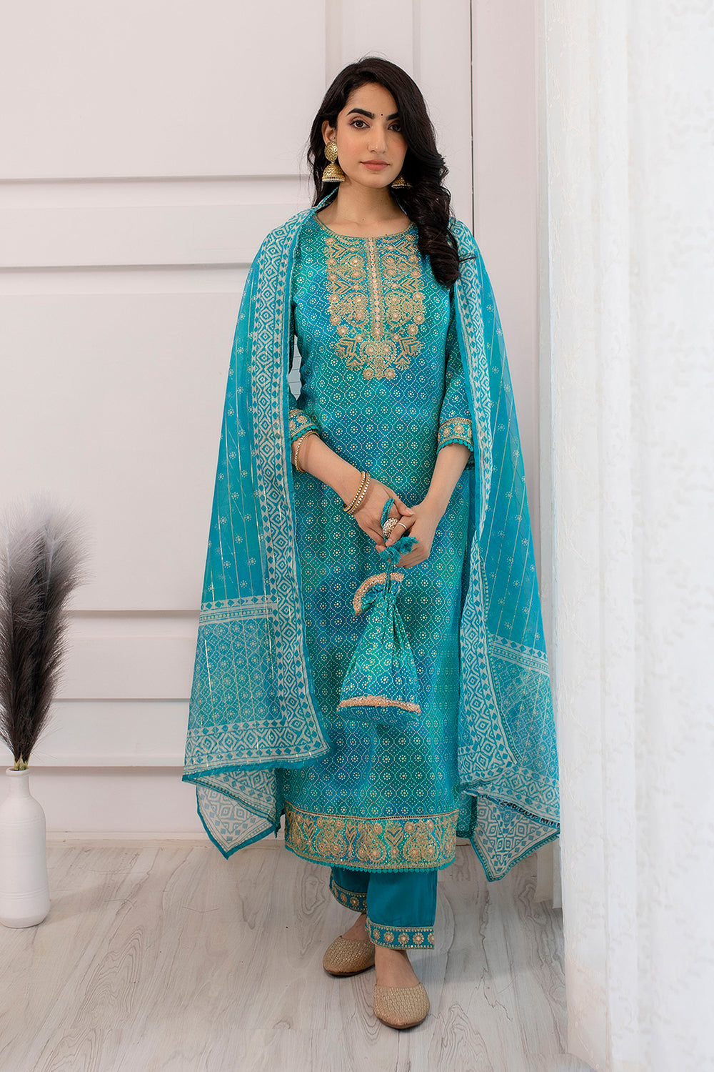 Turquoise Color Cotton Embroidered Straight Suit