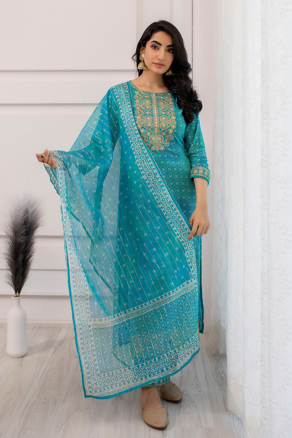 Turquoise Color Cotton Embroidered Straight Suit