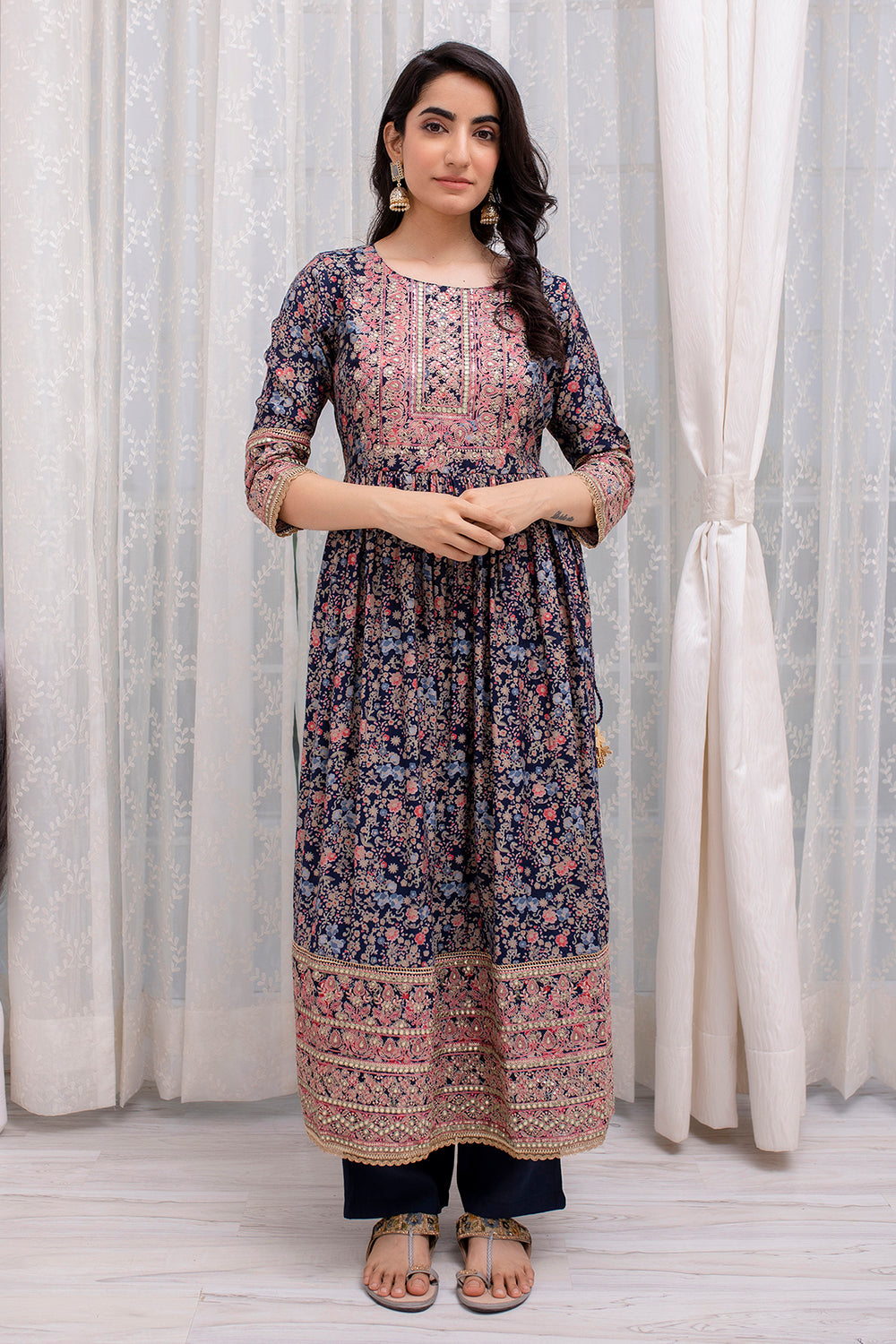 Navy Color Cotton Embroidered Straight Suit