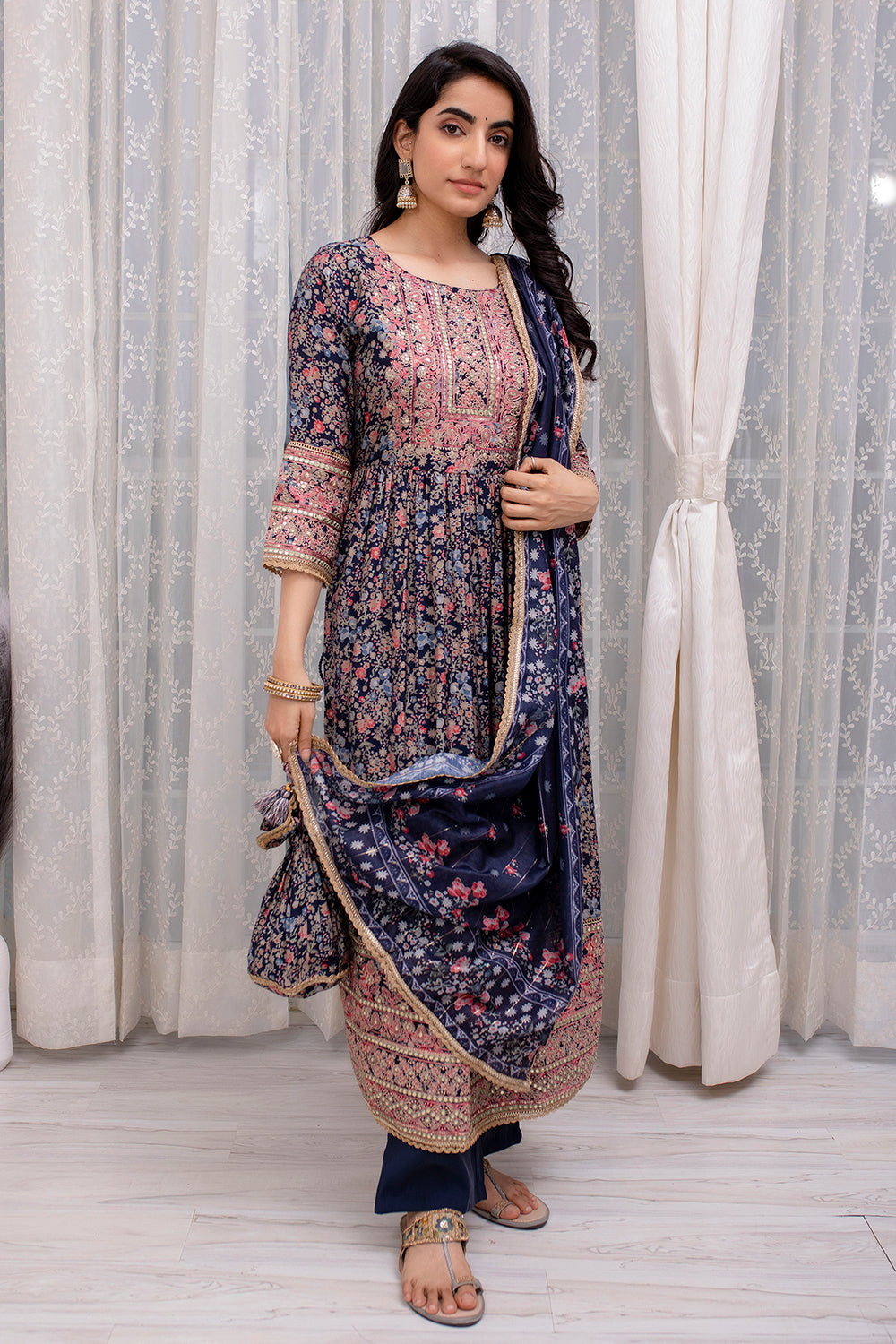 Navy Color Cotton Embroidered Straight Suit