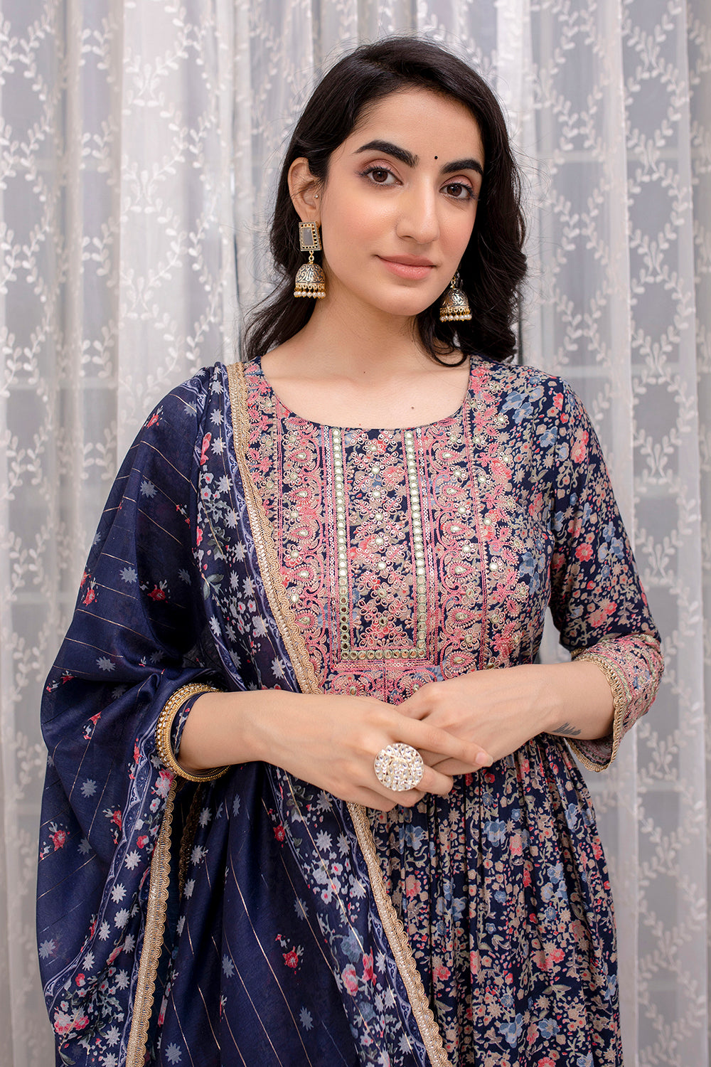 Navy Color Cotton Embroidered Straight Suit