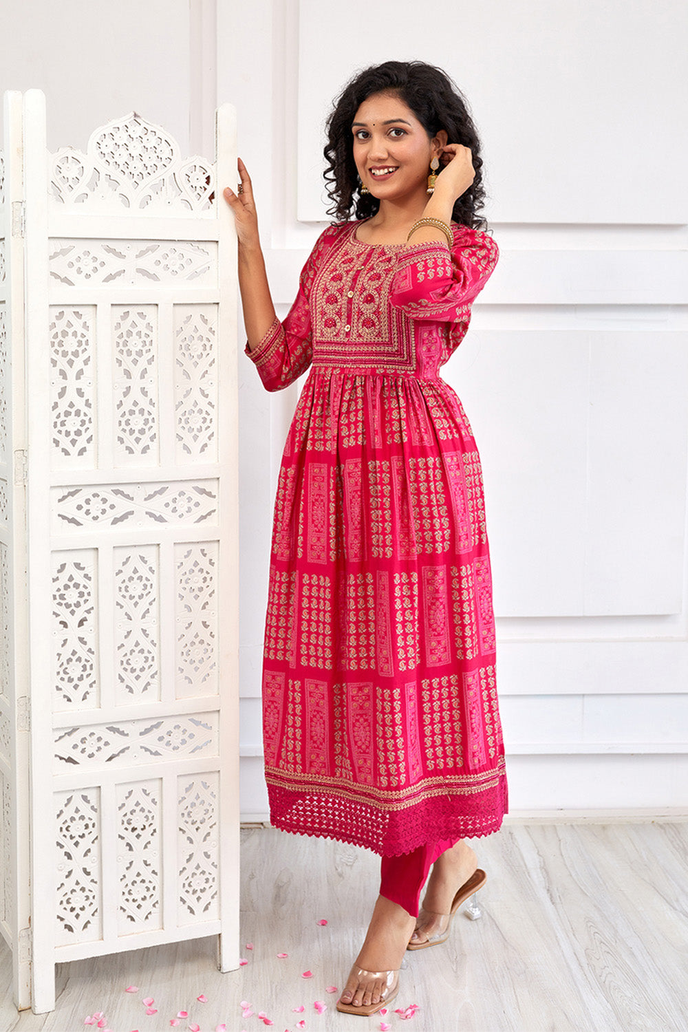 Fuchsia Pink Color Muslin Neck Embroidered Straight Suit