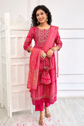 Fuchsia Pink Color Muslin Neck Embroidered Straight Suit