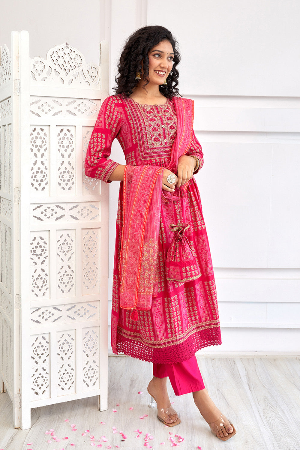 Fuchsia Pink Color Muslin Neck Embroidered Straight Suit