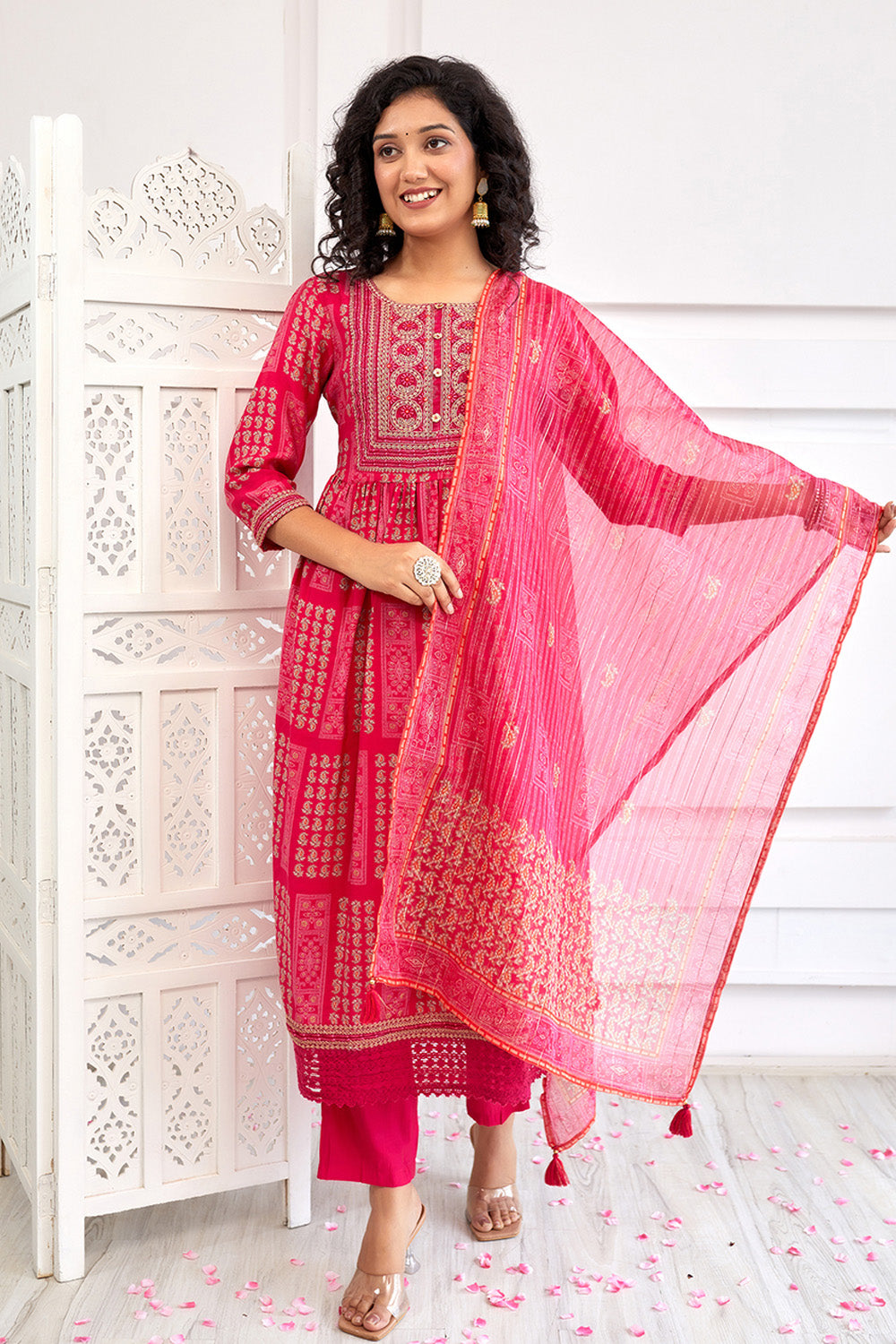 Fuchsia Pink Color Muslin Neck Embroidered Straight Suit