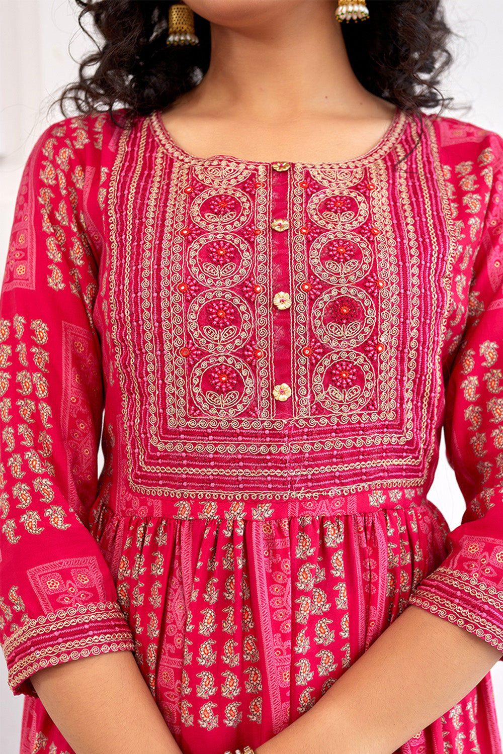 Fuchsia Pink Color Muslin Neck Embroidered Straight Suit