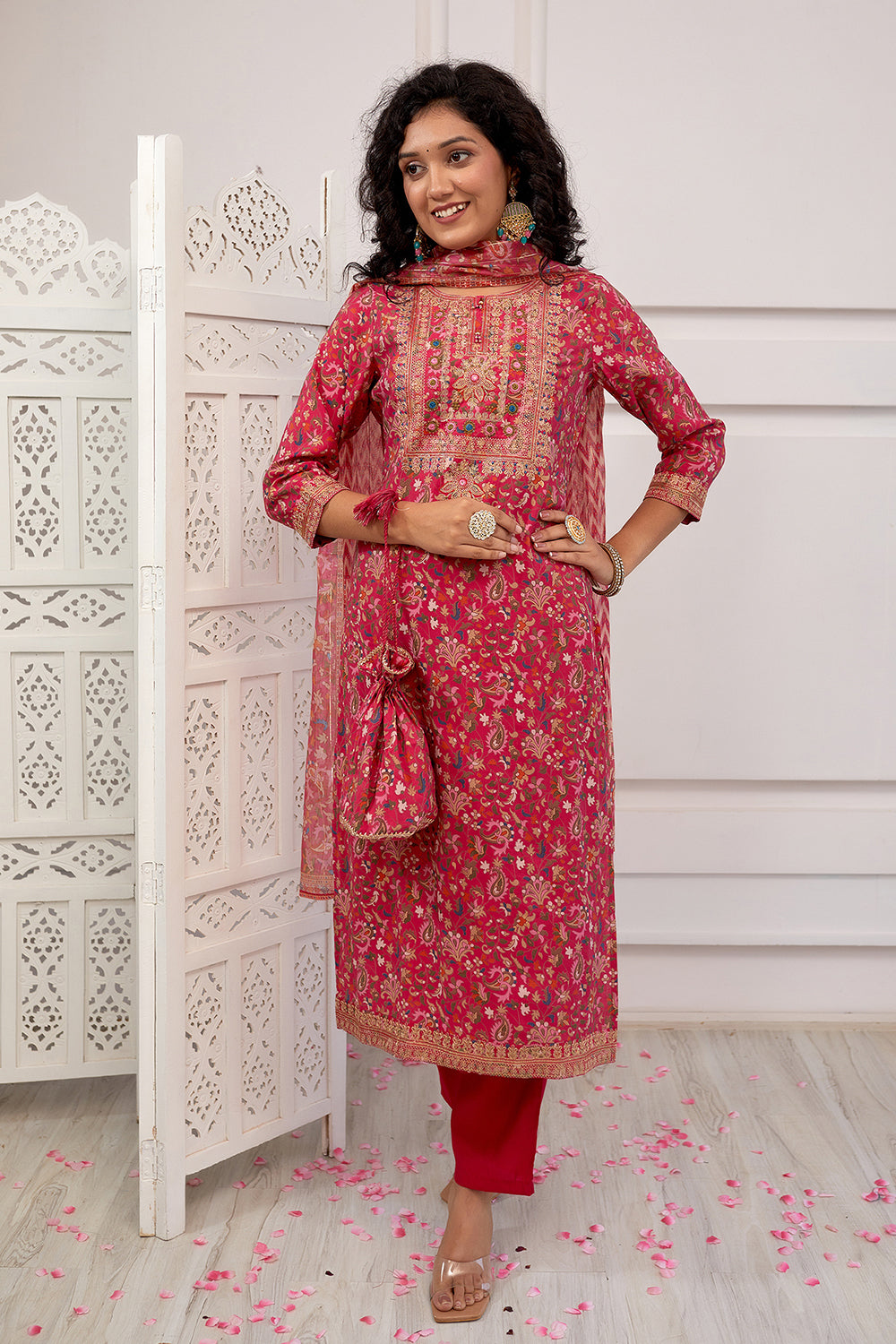 Fuchsia Pink Color Muslin Printed Suit