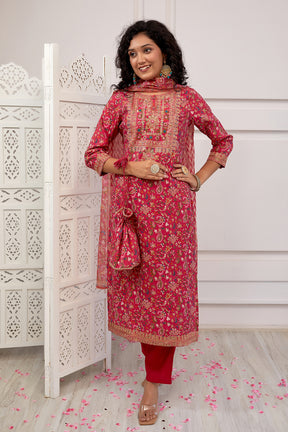 Fuchsia Pink Color Muslin Printed Suit