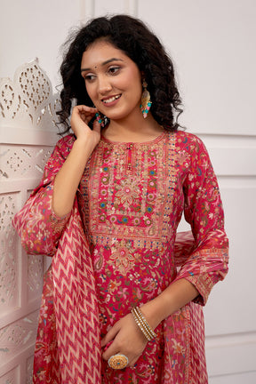Fuchsia Pink Color Muslin Printed Suit