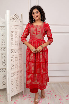 Red Color Muslin Neck Embroidered Straight Suit