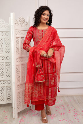 Red Color Muslin Neck Embroidered Straight Suit