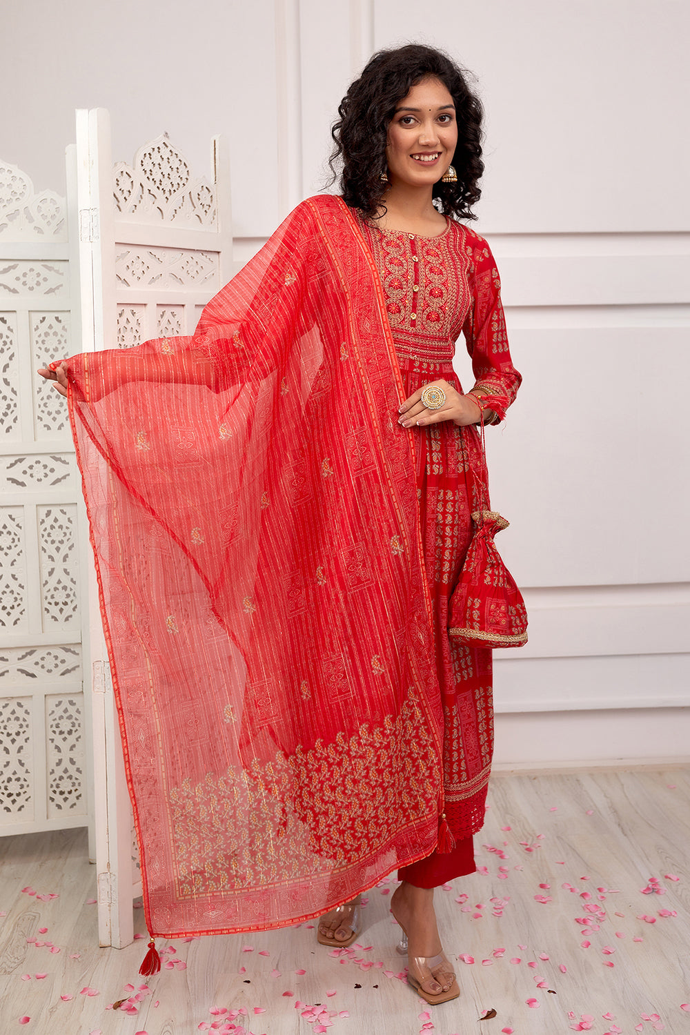 Red Color Muslin Neck Embroidered Straight Suit