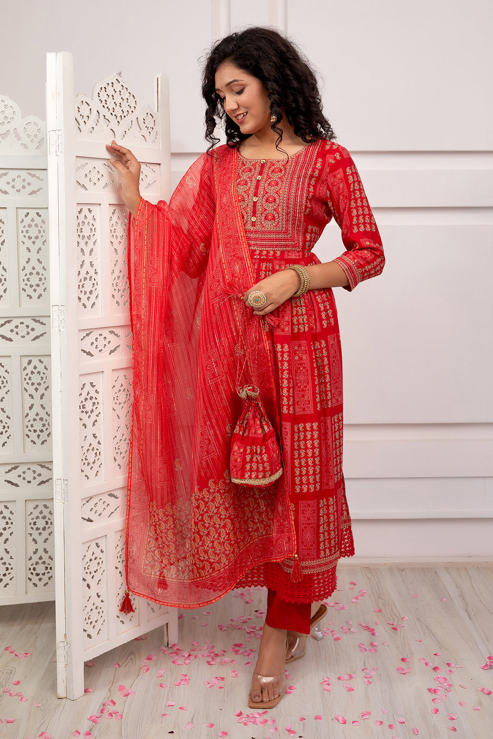 Red Color Muslin Neck Embroidered Straight Suit
