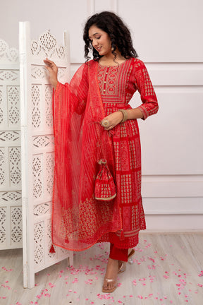 Red Color Muslin Neck Embroidered Straight Suit