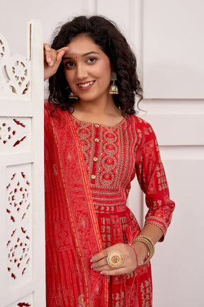 Red Color Muslin Neck Embroidered Straight Suit