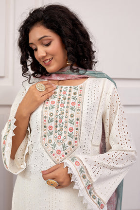 Cream Color Cotton Hakoba Straight Suit
