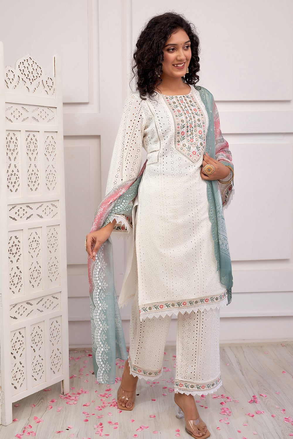 Cream Color Cotton Hakoba Straight Suit