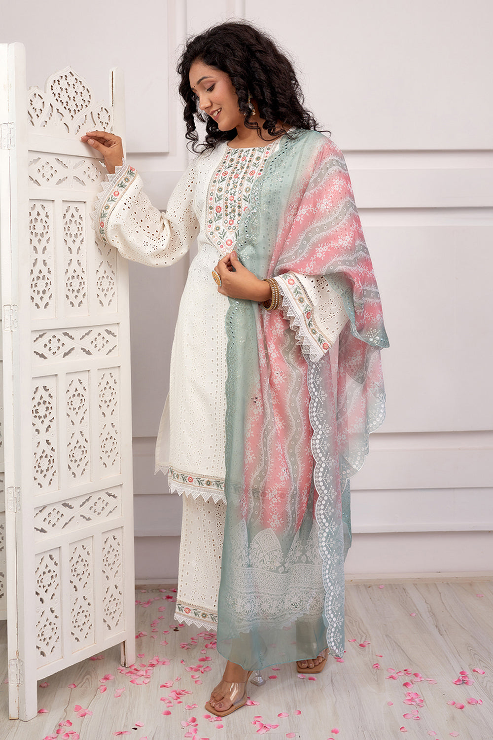 Cream Color Cotton Hakoba Straight Suit