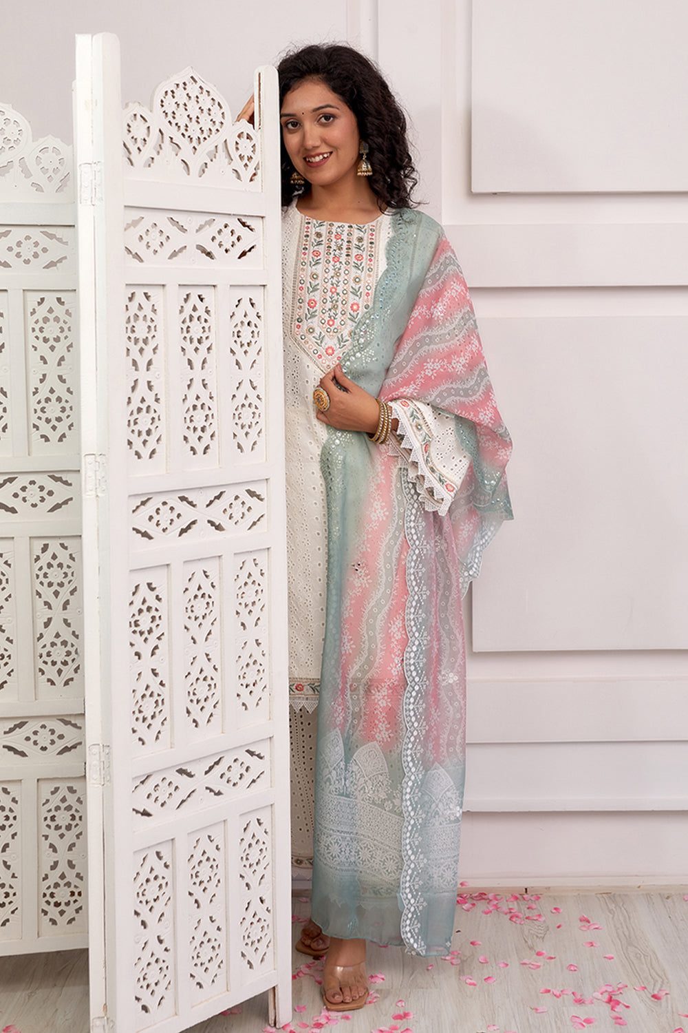 Cream Color Cotton Hakoba Straight Suit