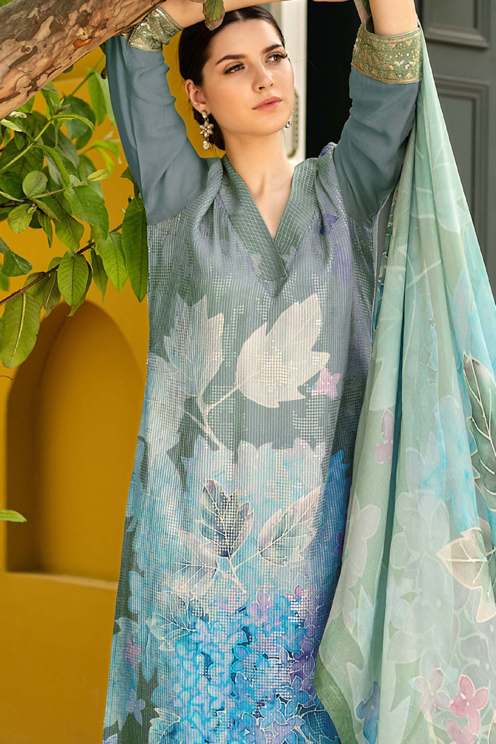 Sea Green & Blue Color Muslin Embroidered Unstitched Suit Material
