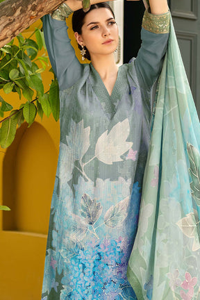 Sea Green & Blue Color Muslin Embroidered Unstitched Suit Material