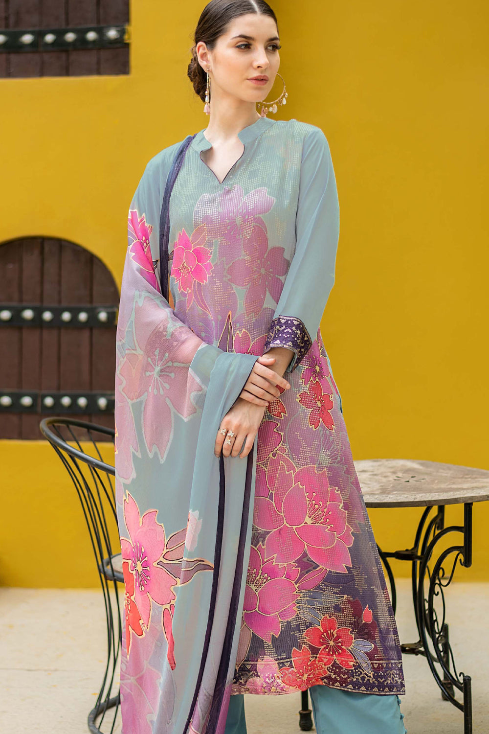 Grey & Pink Color Muslin Embroidered Unstitched Suit Material