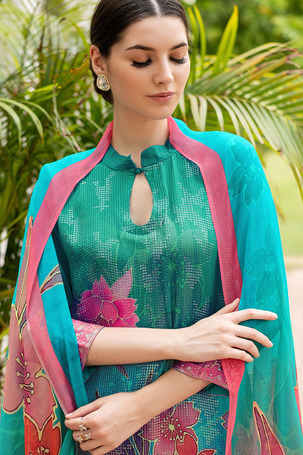 Teal & Green Color Muslin Embroidered Unstitched Suit Material