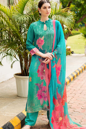 Teal & Green Color Muslin Embroidered Unstitched Suit Material