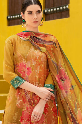 Mustard Color Muslin Embroidered Unstitched Suit Material