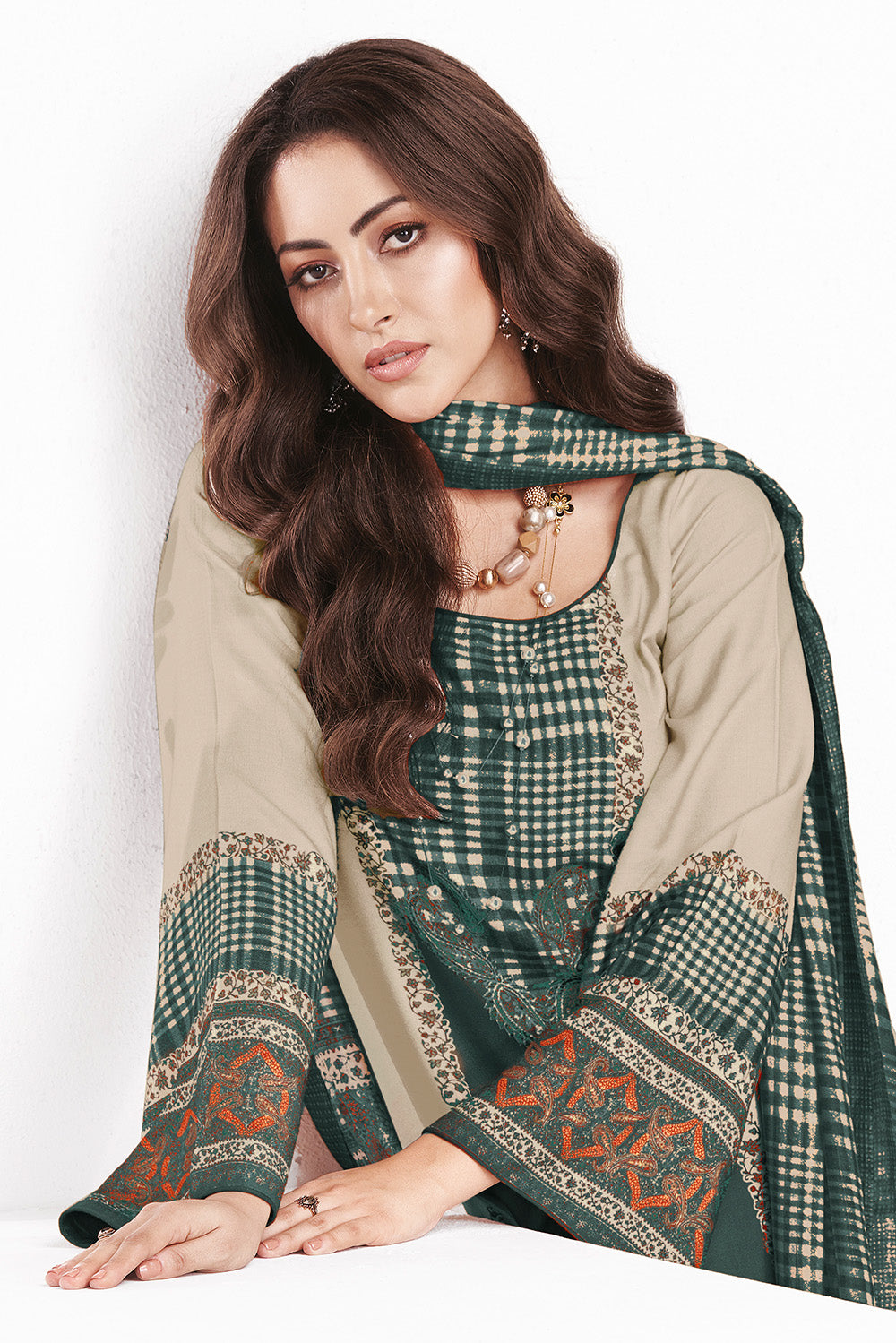 Grey & Beige Kashmiri Paisley Printed Unstitched Suits Material