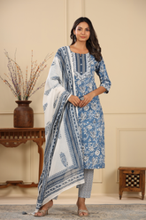 Blue Colour Cotton Printed Suit