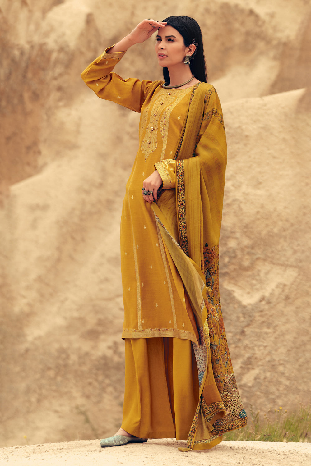 Mustard Colour Silk Woven Unstitched Suit
