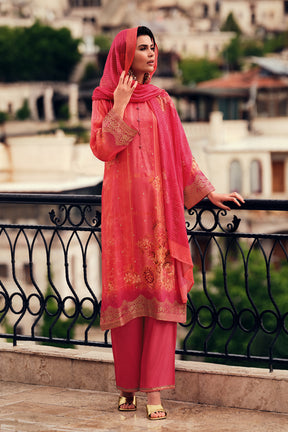 Coral Color woven Organza Unstitched Suit Material