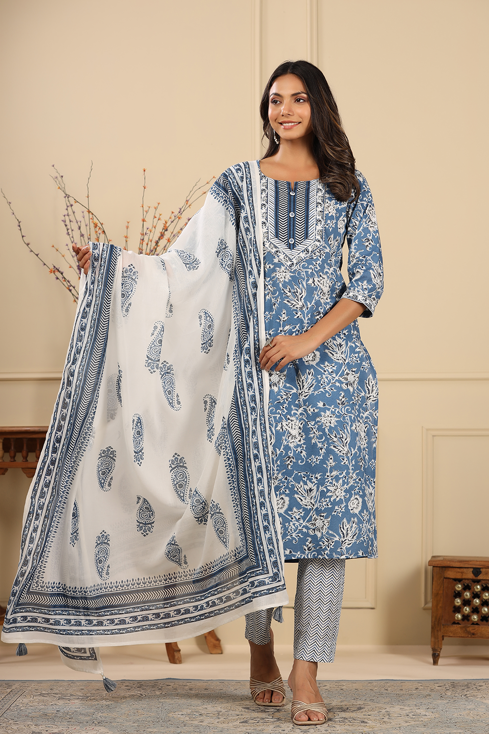 Blue Colour Cotton Printed Suit
