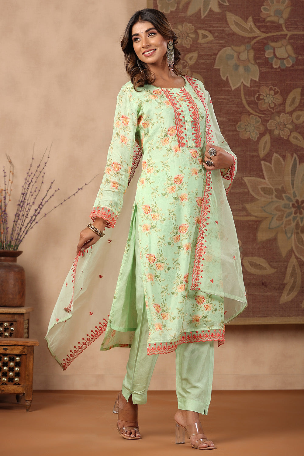 Pista Green Colour Muslin Printed Suit
