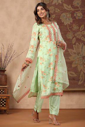 Pista Green Colour Muslin Printed Suit