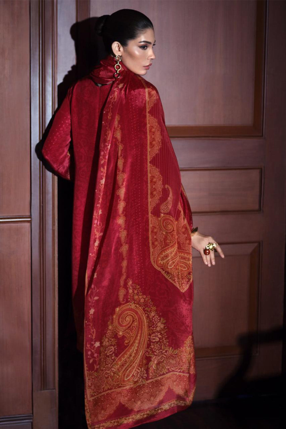 Red Printed and Pitta Handwork Viscose Crepe Unstitched Suit Material